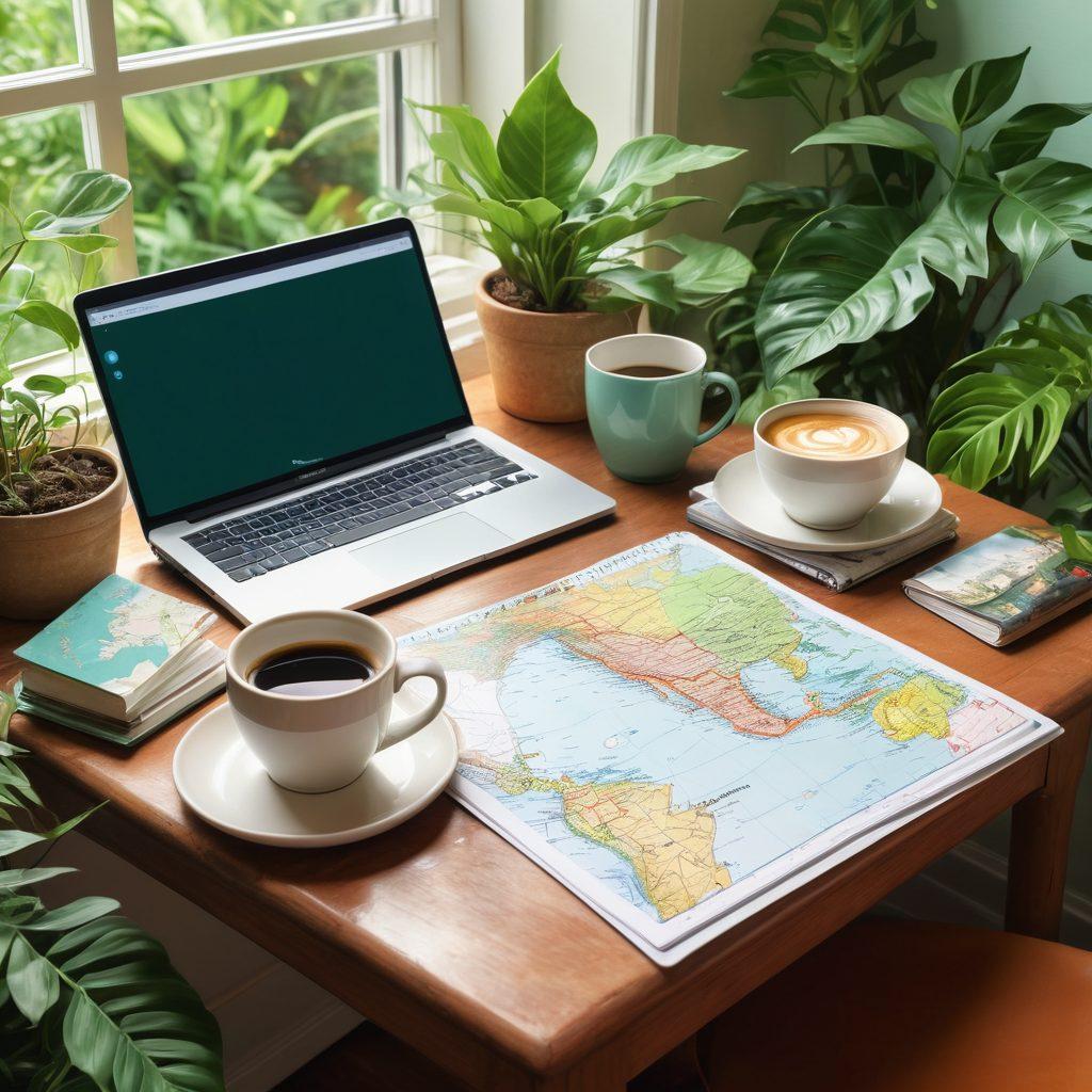 A vibrant collage depicting a laptop on a cozy desk, surrounded by illustrated maps and travel photos, symbolizing both guest blogging and lifestyle themes. Include elements like a steaming coffee cup, plants, and a notebook filled with brainstorming ideas. The background should feature soft pastel colors blending together, evoking a sense of exploration and creativity. digital painting. bright colors. whimsical.
