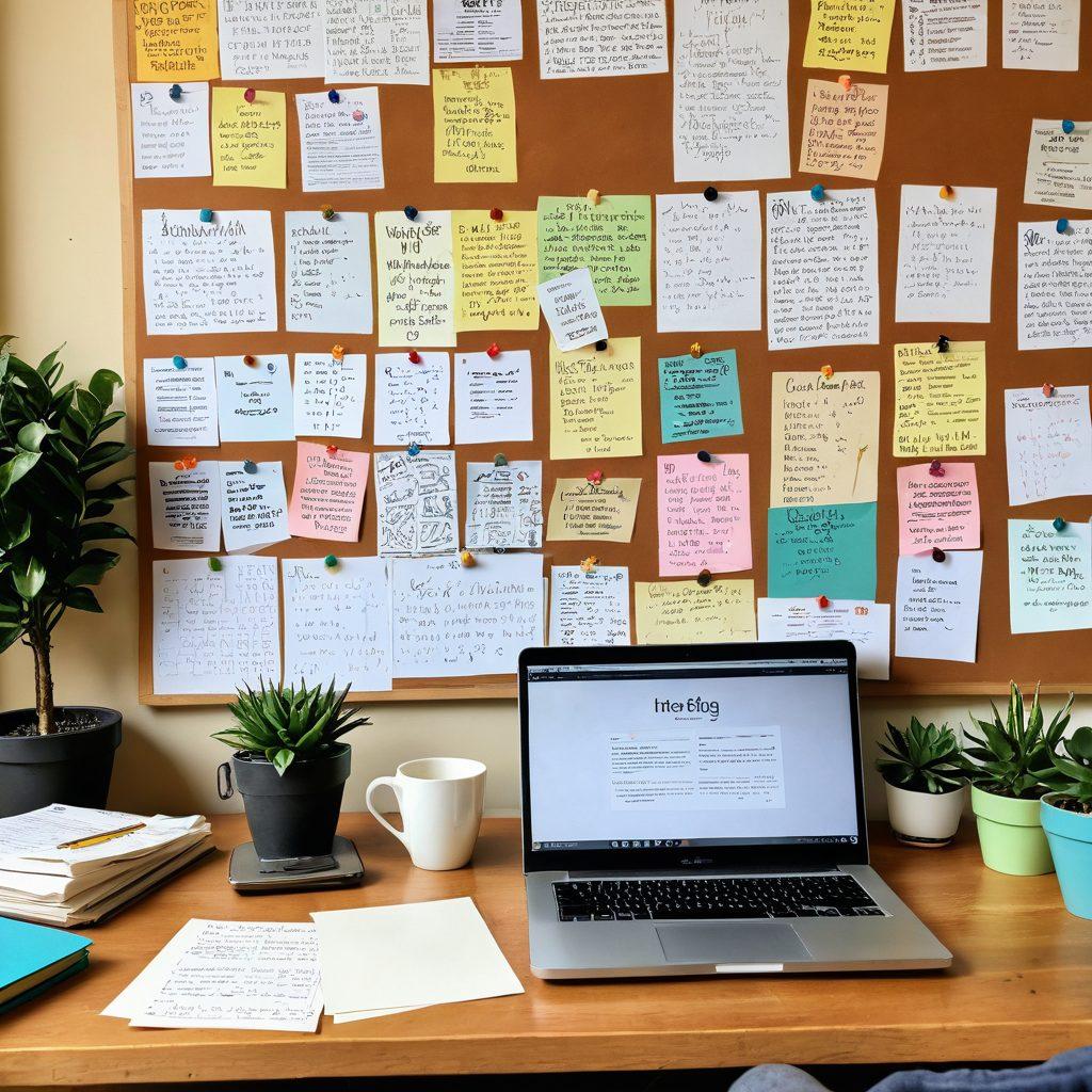 A cozy and inviting workspace with a laptop open to a blogging interface, scattered notes, colorful sticky tabs, and a steaming cup of coffee. In the background, there's a vibrant community bulletin board filled with pins of ideas, images, and engagement strategies. Soft natural light illuminates the space, highlighting the warmth of creativity and connection. super-realistic. warm colors. inviting atmosphere.